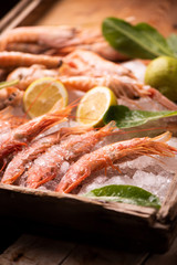 Fresh tiger prawns on ice