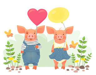 two pigs holding heart and balloon