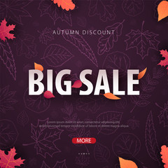 Autumn Background with leaves for shopping sale or promo poster and frame leaflet or web banner. Vector illustration template.