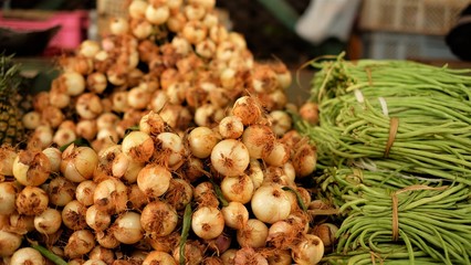 Onion and bean for sale in market in Havana, Cuba