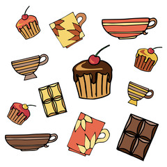 colored cupcakes, chocolate & cups