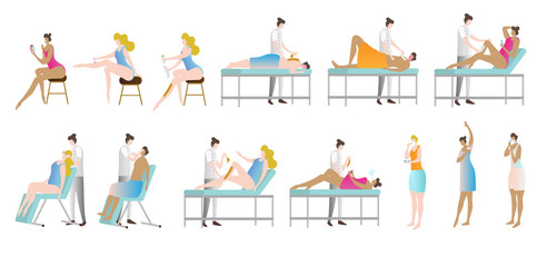 Epilation and depilation vector illustration collection set. Woman in beauty saloon sitting, lying, or standing to shave legs, armpits or eyebrows. Cosmetic procedure.