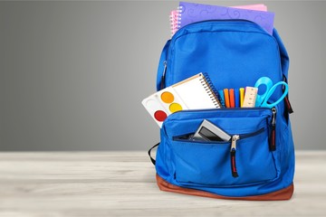Blue School Backpack  on   background.