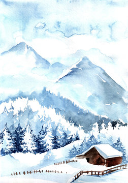 Winter landscape. Original watercolor painting. Christmas card. Snow-covered mountains. Red house with Christmas decoration