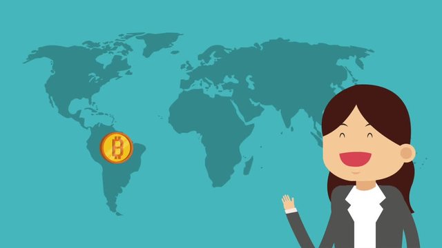 Businesswoman with bitcoins around world cartoon high definition animation colorful scenes