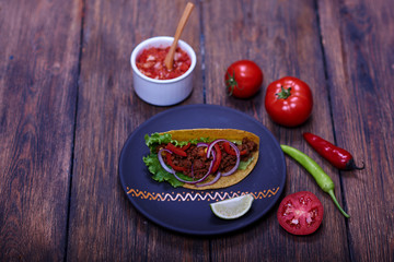 Yummy hot national spicy meal with different colorful ingredients lying on plate near to ripe tomatoes, chili peppers and salsa sauce.