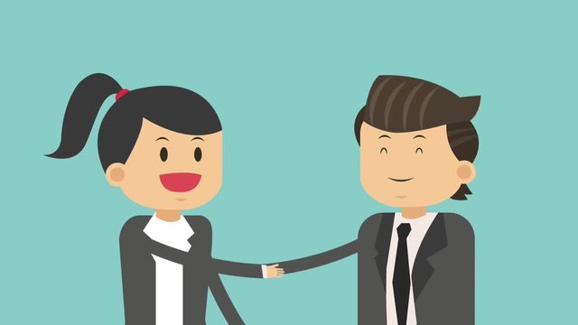 Businessman and businesswoman shaking hands cartoons high definition animation colorful scenes