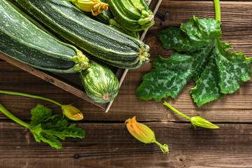 Bio organic zucchini on table. Farmer market with vegetables in a box. Courgette on wooden background. - obrazy, fototapety, plakaty