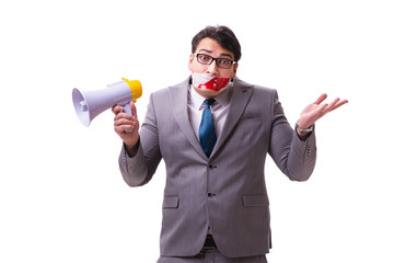 Fototapeta premium Funny businessman with loudspeaker isolated on white