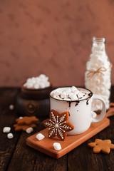 Mug of hot chocolate or cocoa with Christmas cookies and marsmallow