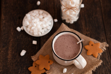 Mug of hot chocolate or cocoa with Christmas cookies and marsmallow - 218040795