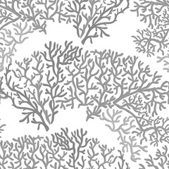 Sea world seamless pattern, background with fish, corals and shells on white background. Stock vector illustration. In monochrome gray colors