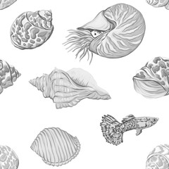 Sea world seamless pattern, background with fish, corals and shells on white background. Stock vector illustration. In monochrome gray colors