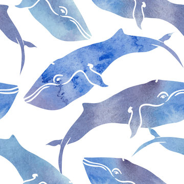 watercolor whales seamless vector pattern