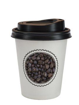 paper cup with coffee on a white background. 