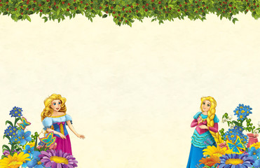 cartoon scene with floral frame - beautiful girls - princesses - title page with space for text -  illustration for children