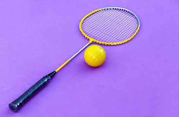 Colorful badminton racket and yellow boche ball on purple yoga training mat. Bright colors sport equipment.