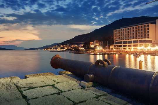 Old cast iron cannon overlooking coast of the city of Neum in Bosnia and Herzegovina