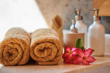 Obraz na płótnie Canvas Spa accessories: soap, towel, salt, orchid. Spa salon, spa therapy, beauty, spa and beauty. Spa composition for body care.