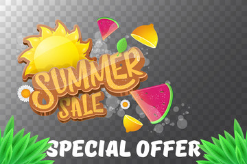 vector sammer sale horizontal banner with text, summer green grass, flying fresh lemons, flowers and slice of watermelon. Creative 3d summer shopping horizontal poster or label