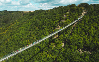Fototapeta na wymiar Luftbild der Hängeseilbrücke Geierlay