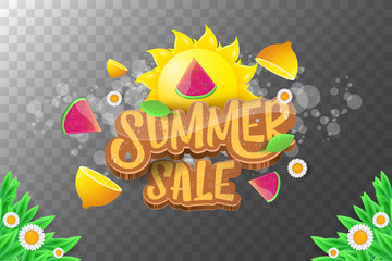 vector sammer sale horizontal banner with text, summer green grass, flying fresh lemons, flowers and slice of watermelon. Creative 3d summer shopping horizontal poster or label
