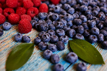 Berries on blue  background. Summer or spring organic berry.  Agriculture, gardening, harvest concept. Fresh sweet blueberry, raspberry fruit. Healthy food. Selective focus. Top view with copy space.