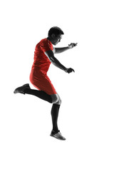 Fototapeta na wymiar Professional football soccer player in motion isolated on white studio background