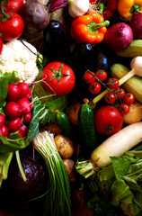 Healthy and vegetarian food background. Different raw, fresh and organic bio vegetables.  Fresh harvest from the garden. Spring, Summer and Autumn farmers harvest. Rural still life. Lifestyle concept.