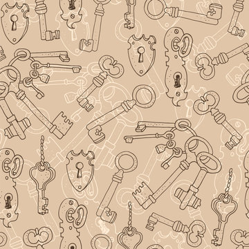 Vintage keys vector seamless background, hand drawn pattern on beige background