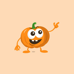 Illustration of cute happy pumpkin mascot shows something funny with big smile, isolated on light background. Flat design style for your mascot branding.