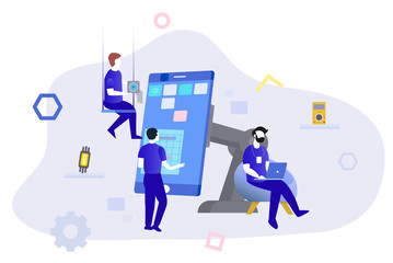 Phone repair service banner template. illustration with workers and equipment.