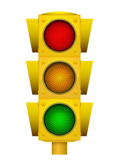 Realistic illustration of modern yellow led traffic light with switching on green, yellow and red lights.
