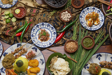 Freshly prepared delicious varieties of dishes on table. Many food dishes on table