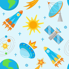 Seamless pattern with bright space icons in flat style