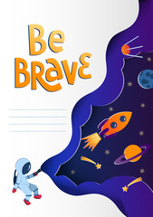 Notebook cover template with space paper cut style doodles. Astronaut exploring space. Paper cut style.