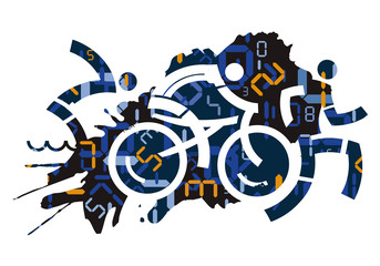Triathlon race with digital numbers background.
Stylized icons of Three triathlon athletes with digital numbers symbolizing time measurement. Vector available - obrazy, fototapety, plakaty