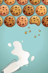 chocolate chip cookies and glass of milk spilled vector illustration