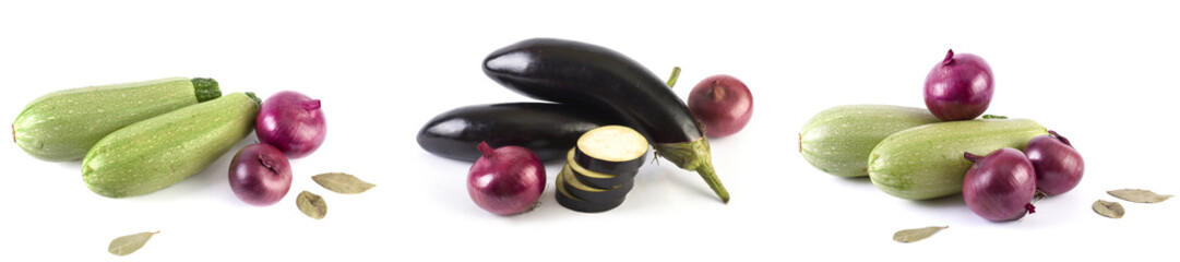 The red onions on a white background. Eggplant and cabbage on white background.