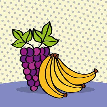 fresh grapes and bananas on dotted background vector illustration