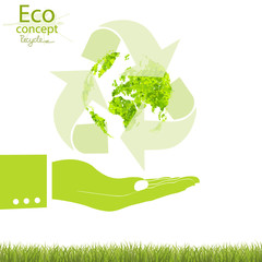 Environmentally friendly world. Green globe on her hand. Vector illustration of ecology the concept of infographics modern design. Ecological concepts.  
