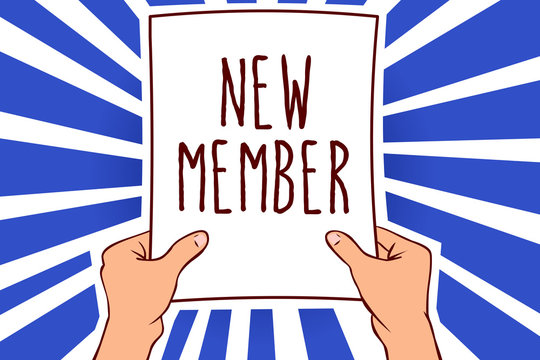 Writing note showing New Member. Business photo showcasing recruiting employee to company or team Birth of fresh child Man holding paper important message remarkable rays enlighten ideas