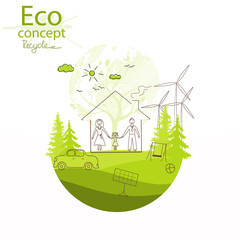 The city on the globe. Environmentally friendly world. Illustration of ecology the concept of info graphics. Recycling. Simple minimalistic style. Simple illustrated illustration for printing. Vector 