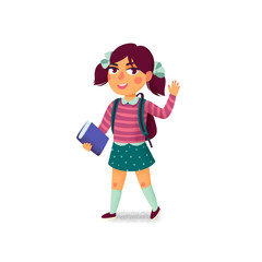 A girl with book and backpack on white background. Happy student. Elementary school pupil. Cheerful young lady. Back to school. Vector illustration in flat cartoon style with grain texture.