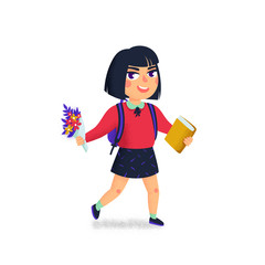 A girl with book and backpack on white background. Happy student. Elementary school pupil. Cheerful young lady. Back to school. Vector illustration in flat cartoon style with grain texture.