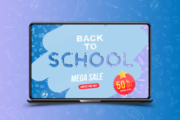 Welcome Back to school. Banner with set of doodle icons and mega sale 50% and sticker in realistic laptop. Concept for education. Vector illustration EPS10