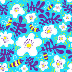 Fototapeta na wymiar Floral background. Seamless pattern with bee and flower in doodle sketchy style. Cute vector illustration