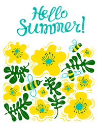 Hello summer lettering. Seasonal card with cute bee and flowers in children style. Vector illustration