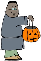 Illustration of a black kid wearing pajamas and a robe holding a jack-o-lantern for Halloween.