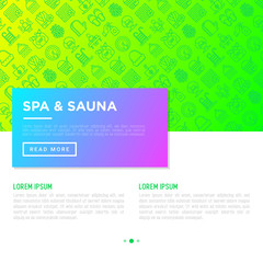 Spa & sauna concept with thin line icons: massage oil, towels, steam room, soap, swimming pool, herbal tea, birch, whisk, spa treatments, facial mask. Modern vector illustration, print media template.